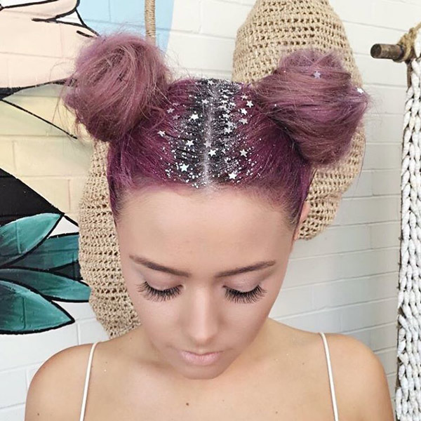 Hairstyles For Raves: Twisted Bun with Glitter Roots Hairstyles